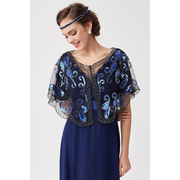 🆕 Women Blue Sequin Beaded Evening Cape Bridal Shawl Bolero Flapper Cover Up - Picture 2 of 6